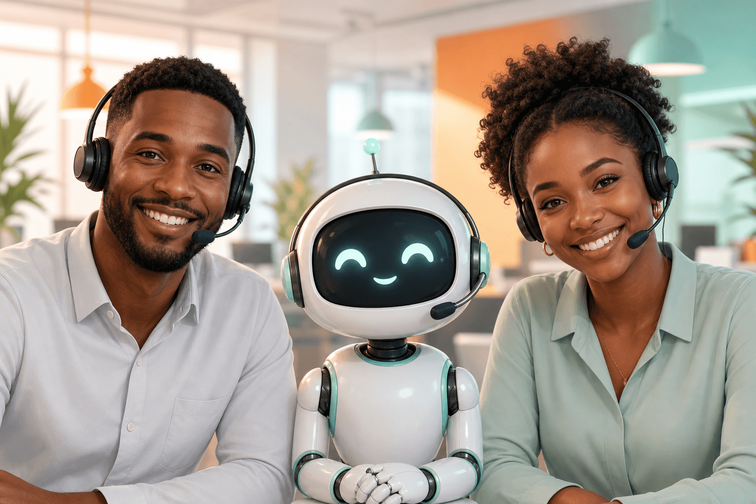 Support team illustration: Black man, friendly robot, and Black woman wearing headsets